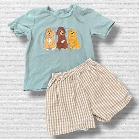 Puppy Dog Golden Retriever Goldendoodle Poodle Embroidery Plaid Set Size 3 Play - Picture 1 of 5